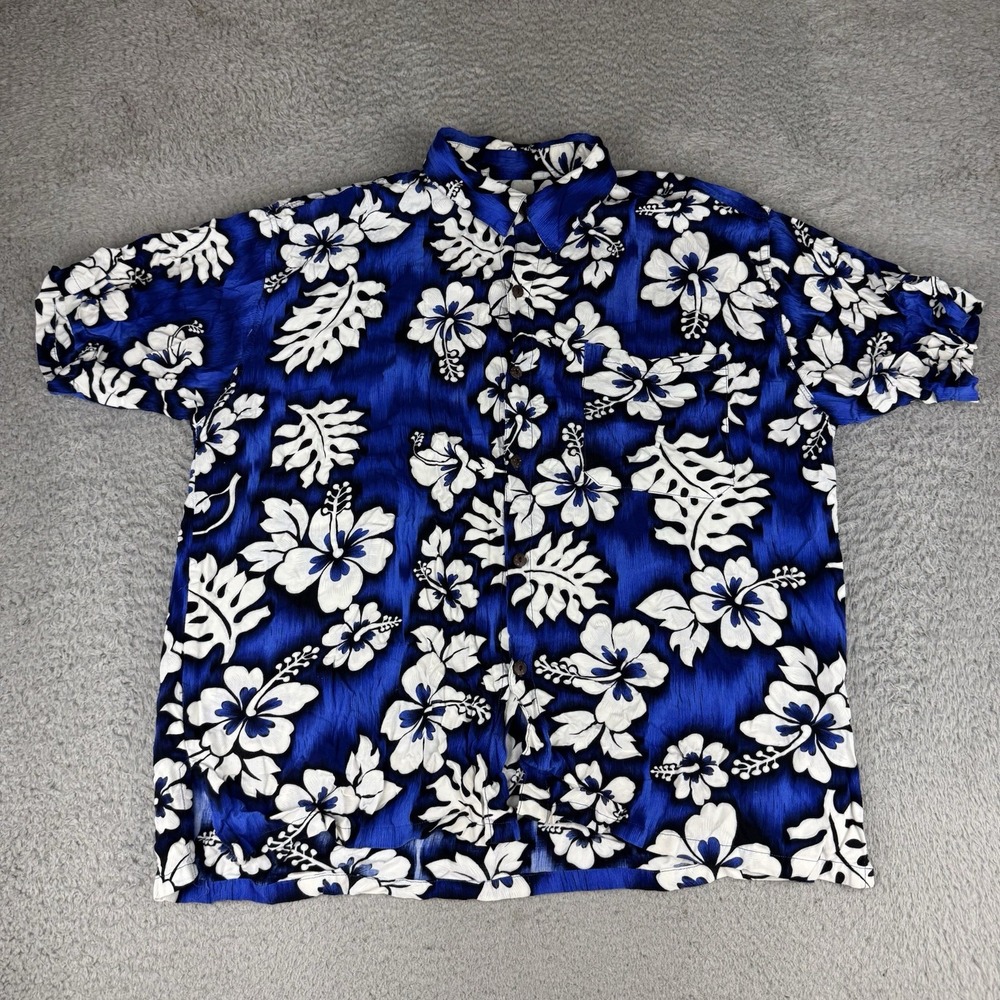 Tiki Palm 100% Rayon Blue Floral Hawaiian Shirt Men's Xl